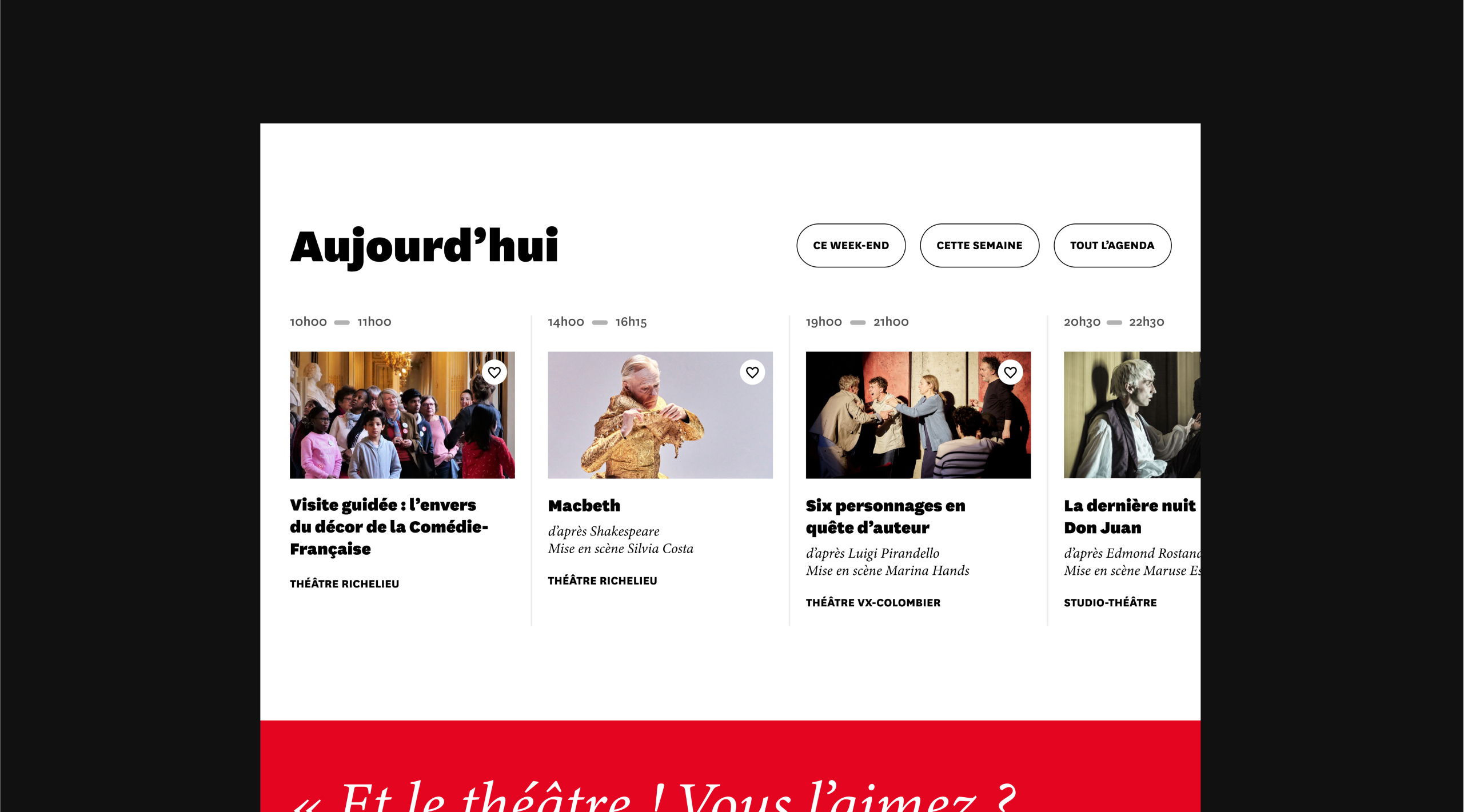 Design UX/UI desktop de la page d'accueil du site de la Comédie-Française