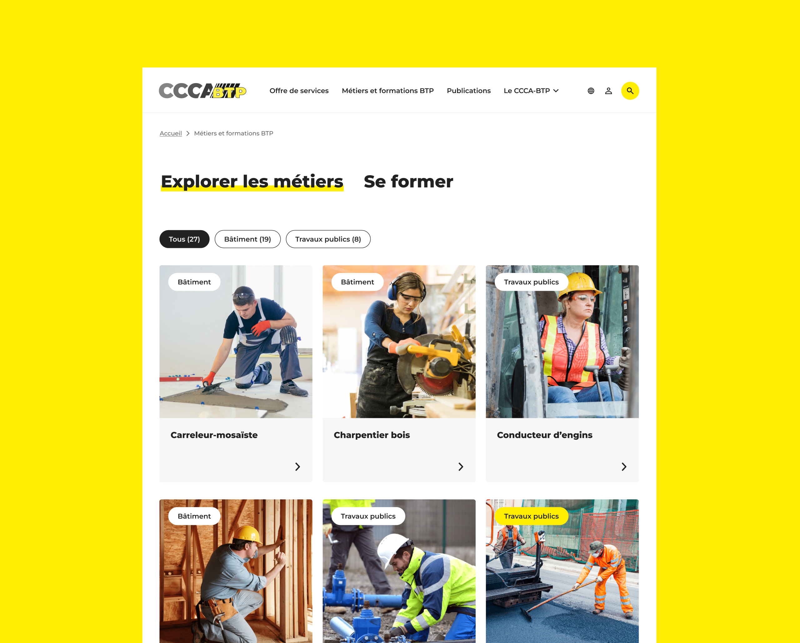 Design UX/UI desktop de la page liste métiers du site de CCCA BTP