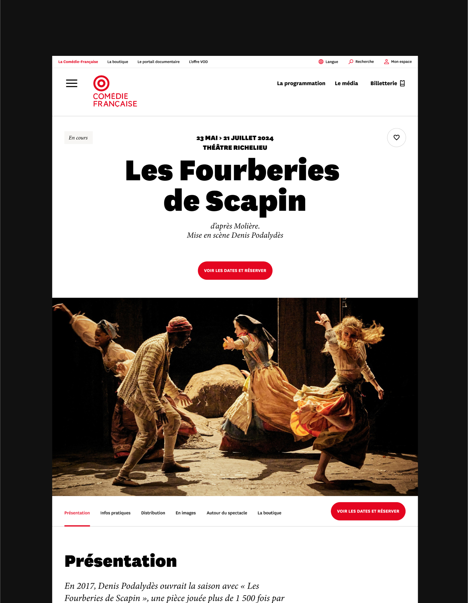 Design UX/UI desktop d'une page spectacle du site de la Comédie-Française