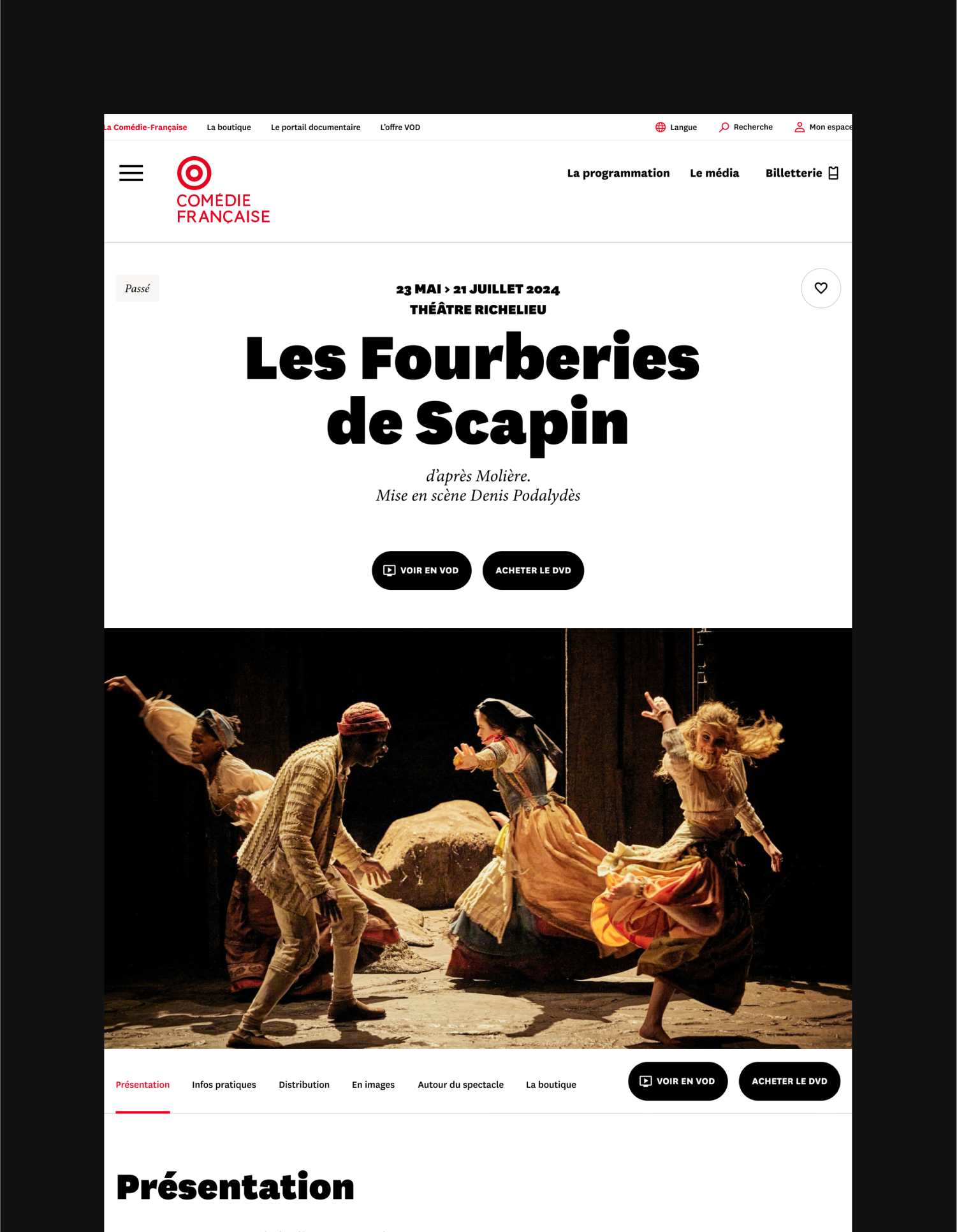 Design UX/UI desktop d'une page spectacle du site de la Comédie-Française