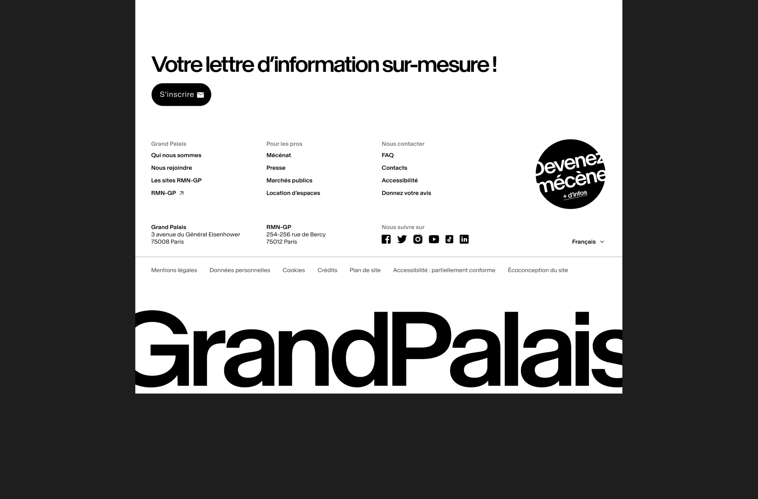 Design UX/UI desktop de la page d'accueil du site du Grand Palais à Paris