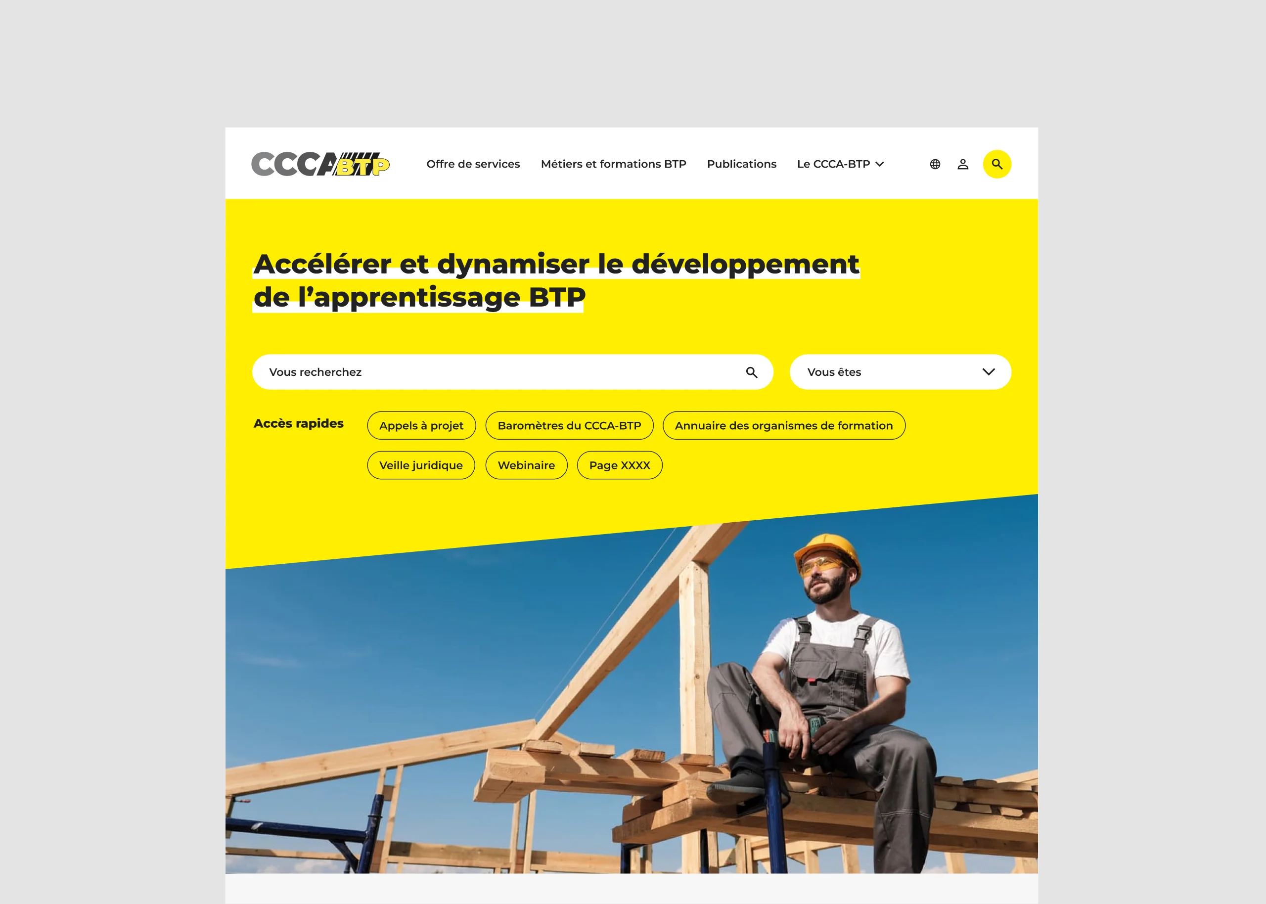 Design UX/UI desktop de la page d'accueil du site de CCCA BTP
