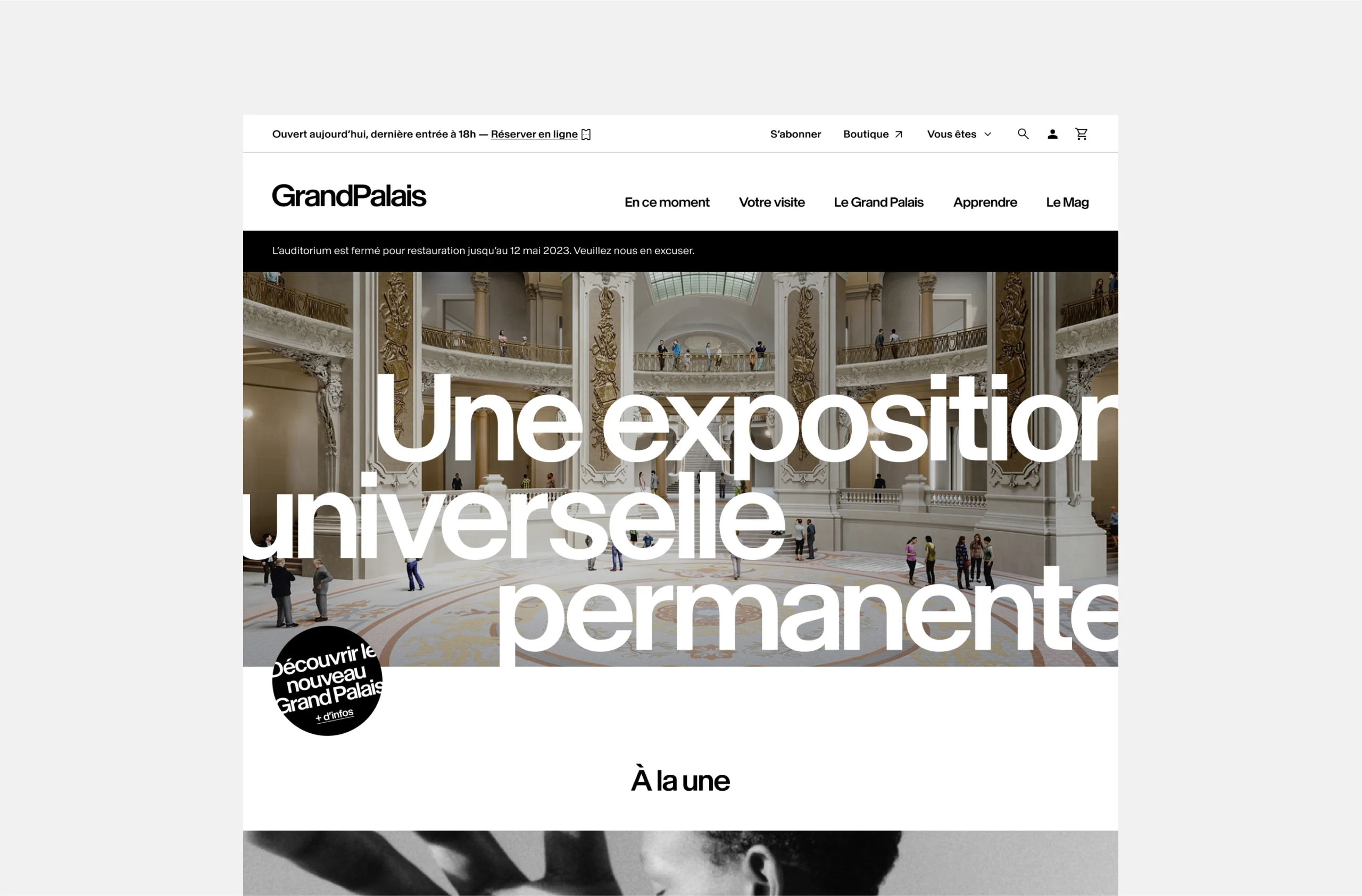 Design UX/UI desktop de la page d'accueil du site du Grand Palais à Paris