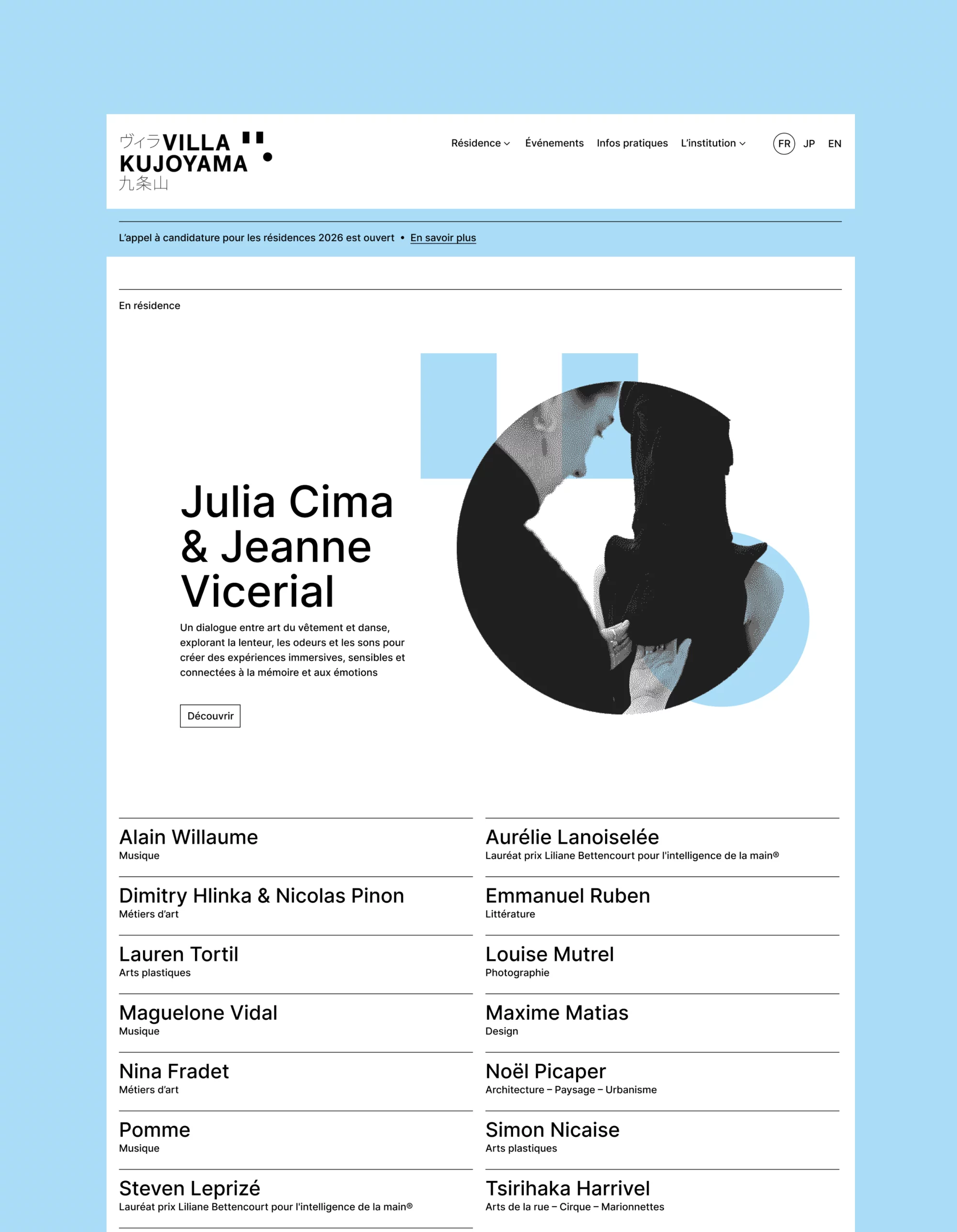 Design UX/UI desktop de la page d'accueil du site de la Villa Kujoyama