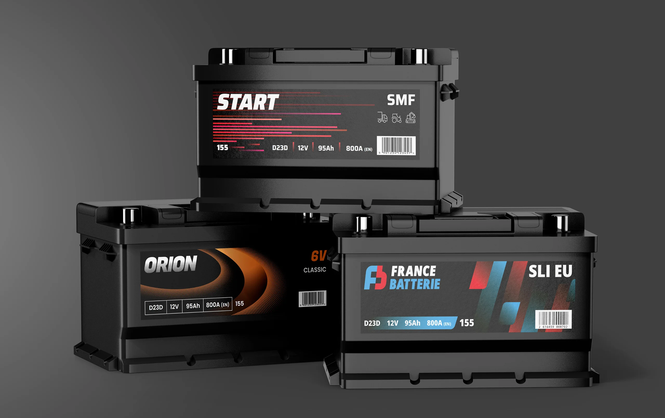 Design des étiquettes des batteries Start, Orion et France batterie