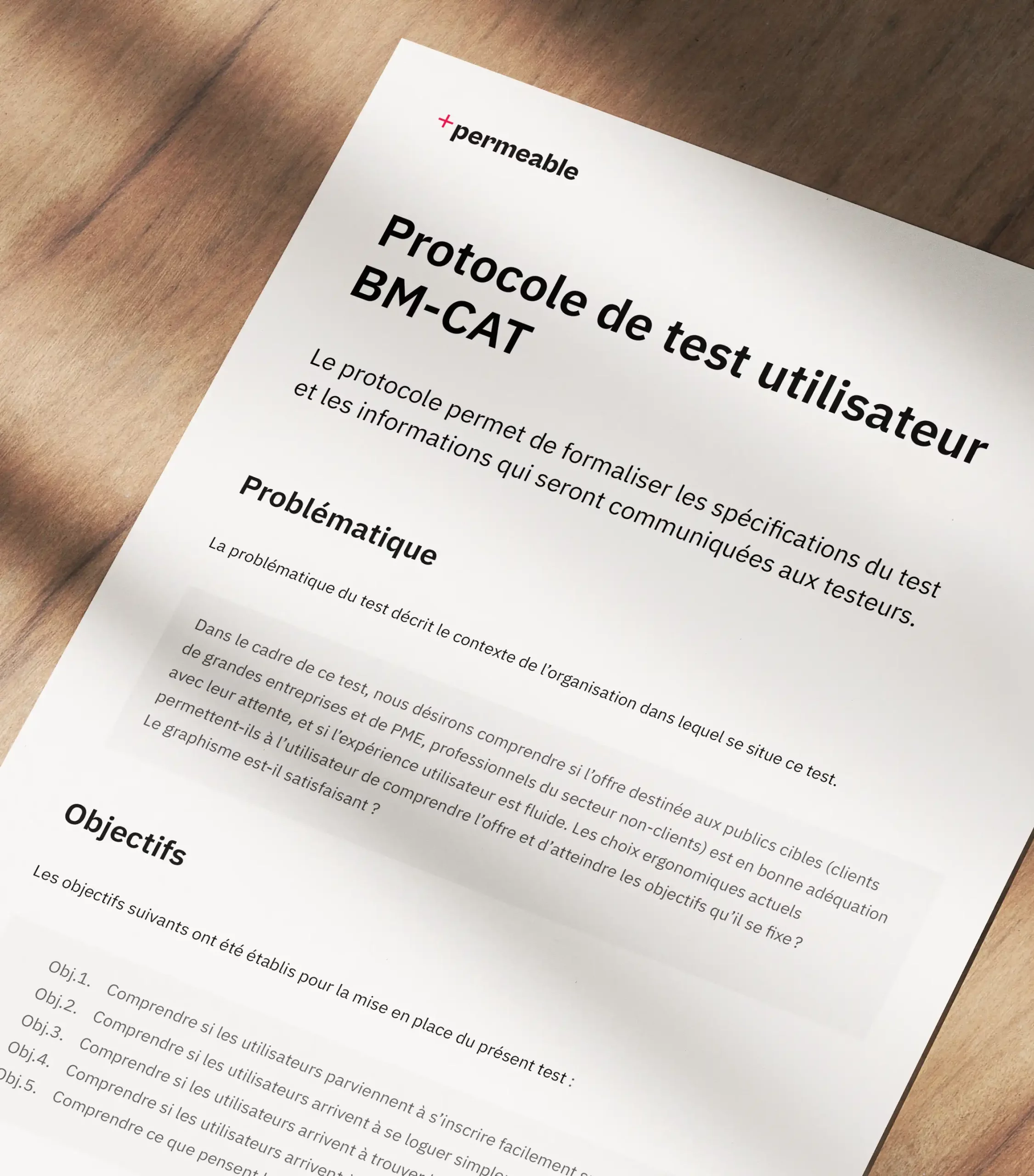 Première page du protocole de test utilisateur écrit pour Bergerat Monnoyeur - Caterpillar, avec la problématique et les différents objectifs. Le logo de Perméable est en haut à gauche de l'image.
