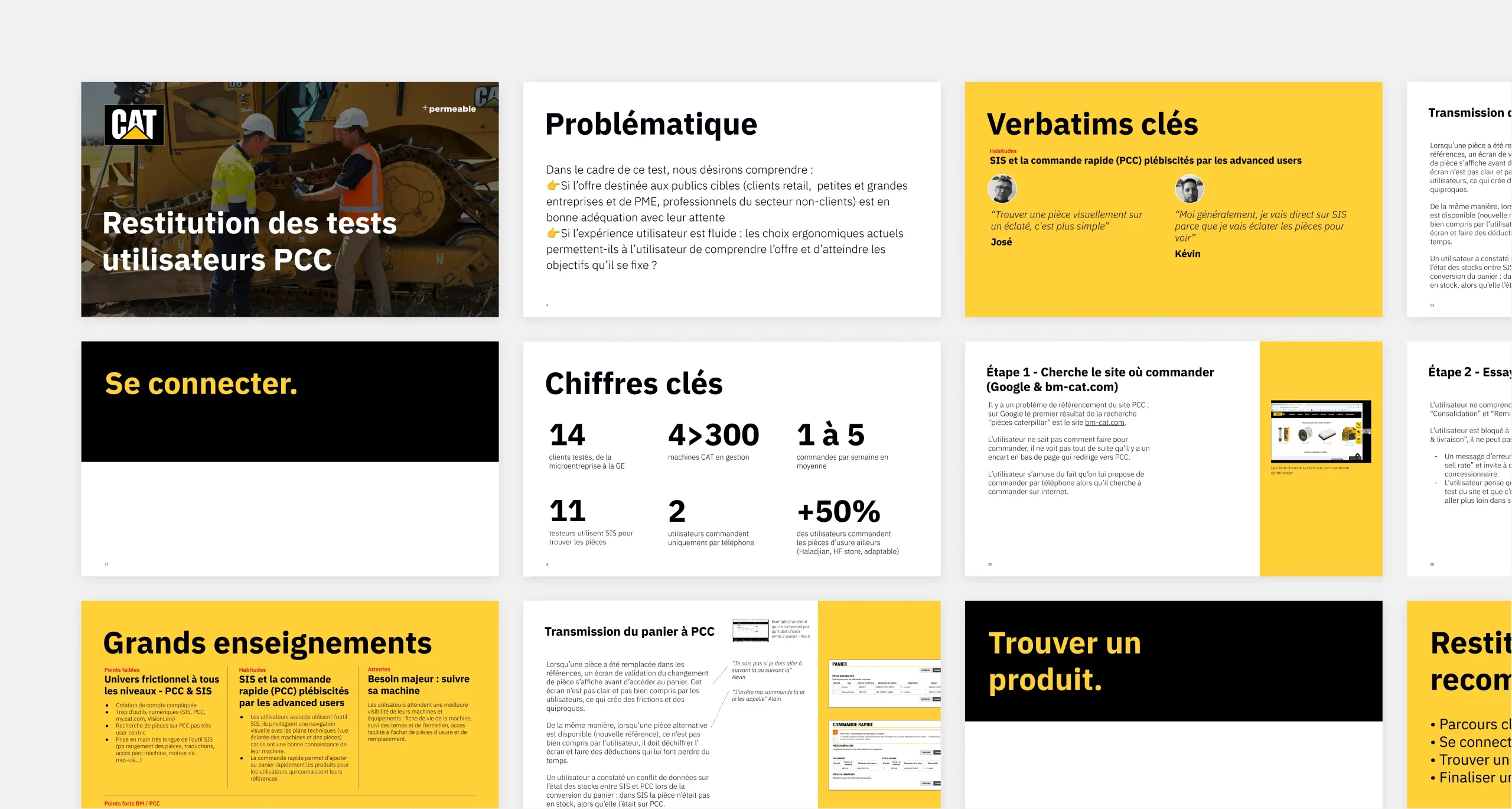 Pages graphiques de la restitution des tests utilisateurs pour Bergerat Monnoyeur - Caterpillar, avec chiffres clés, verbatims clés, grands enseignements.