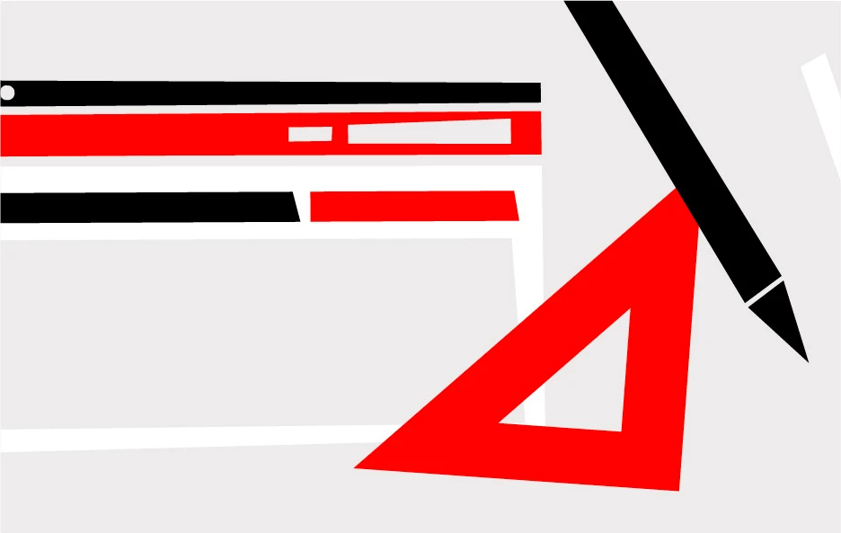 Illustration représentant une page desktop en pleine construction, avec autour des crayons et une équerre, faisant référence à la conception d'un site web pour une agence d'architecture.