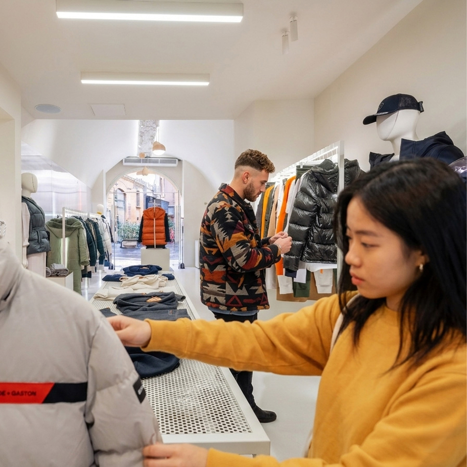 Client choisissant des vêtements dans une boutique Gertrude