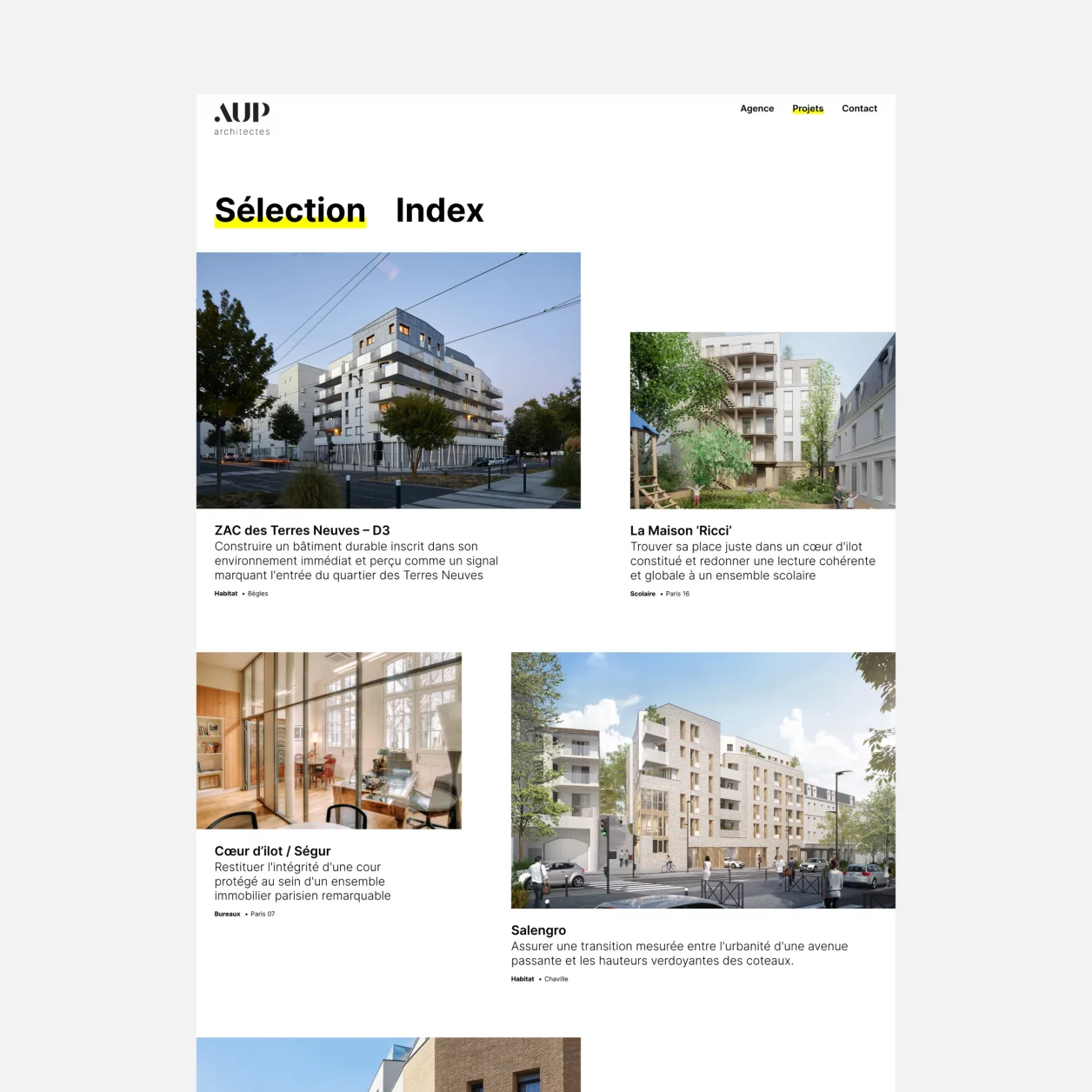 Design UX/UI desktop de la page liste des projets du site AUP Architectes