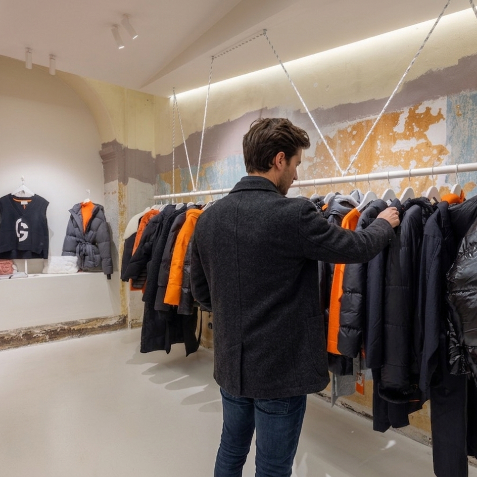 Client choisissant des vêtements dans une boutique Gertrude