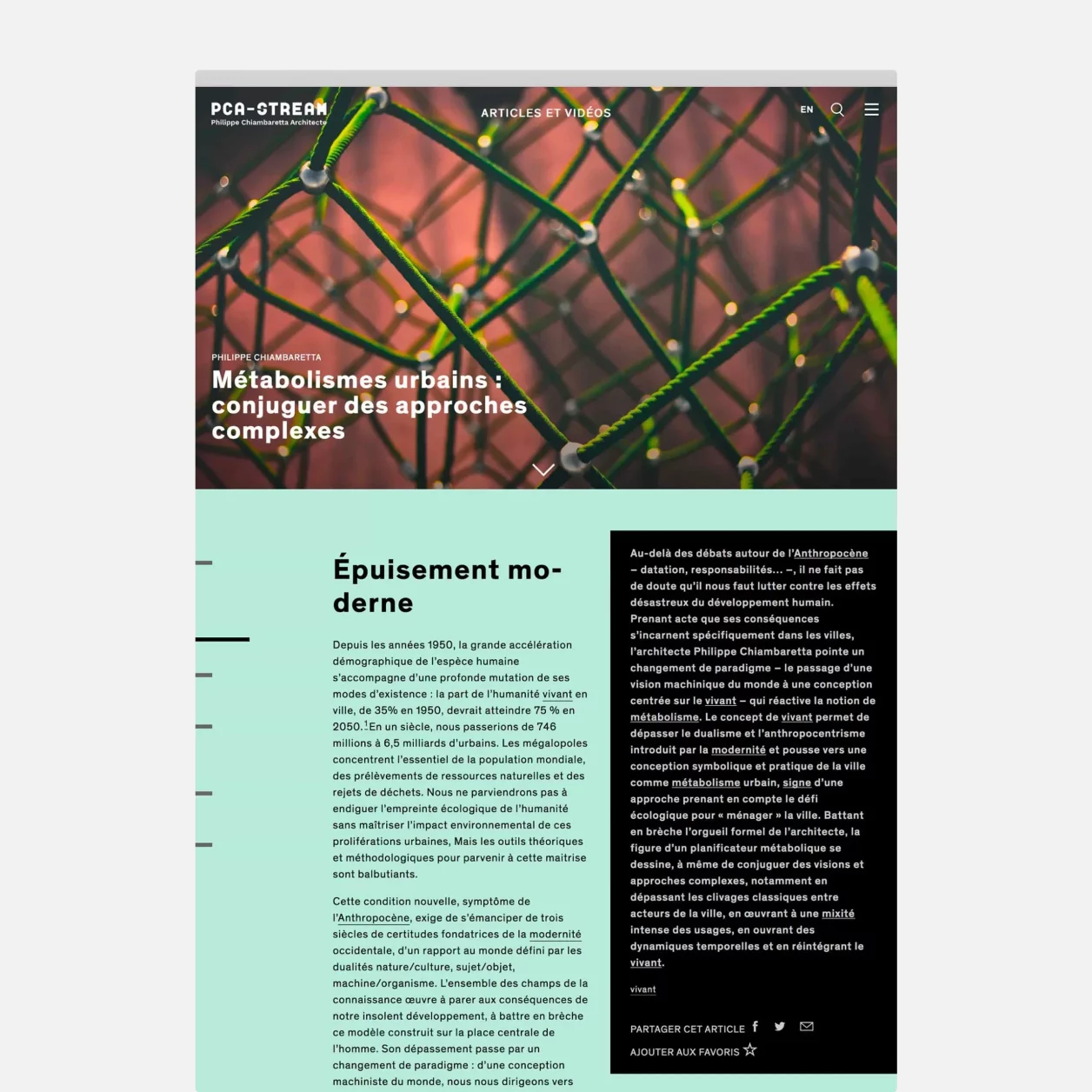 Maquette UI desktop d'une fiche Article du site PCA-Stream, avec une grande image full largeur en une