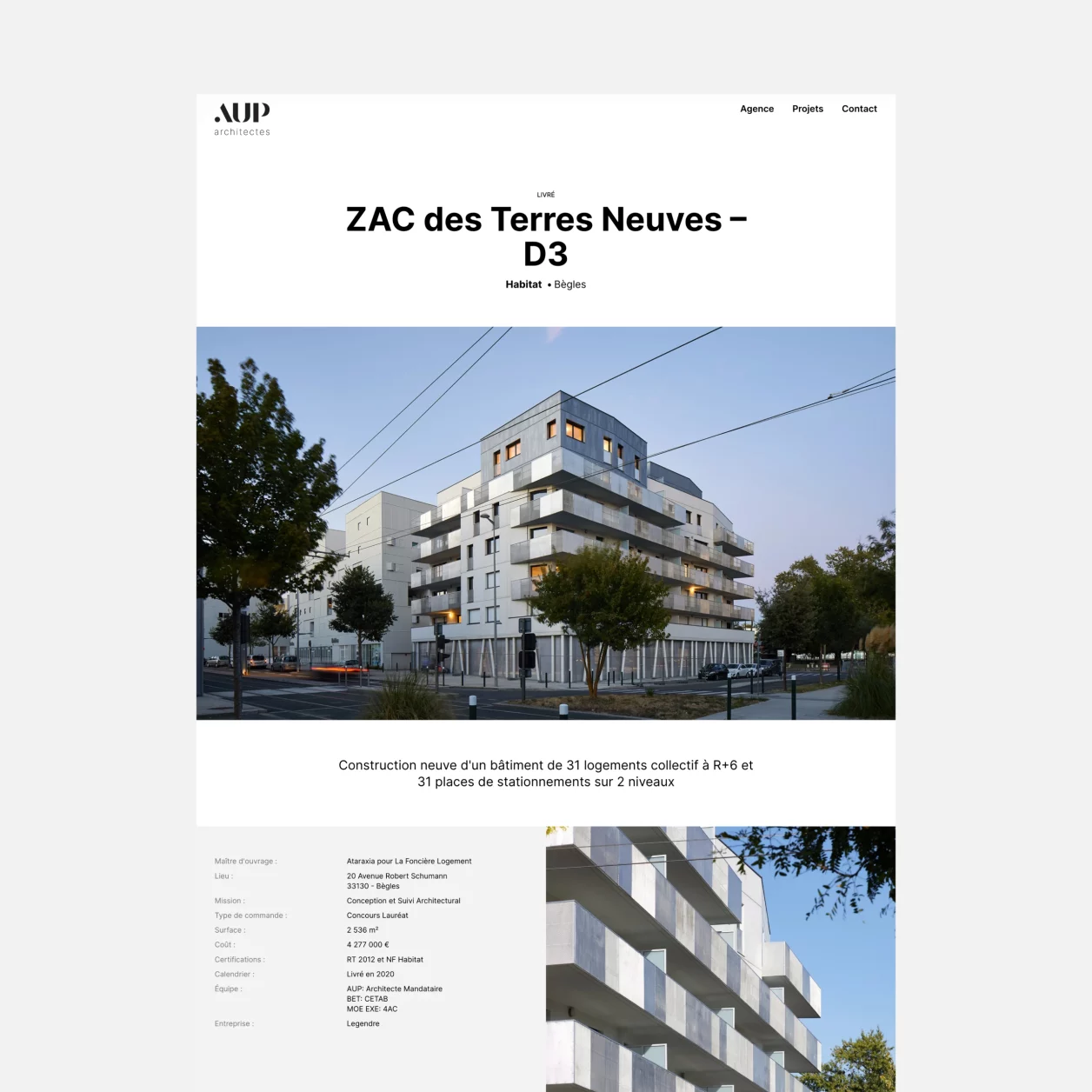 Design UX/UI desktop de la page détail d'un projet du site AUP Architectes